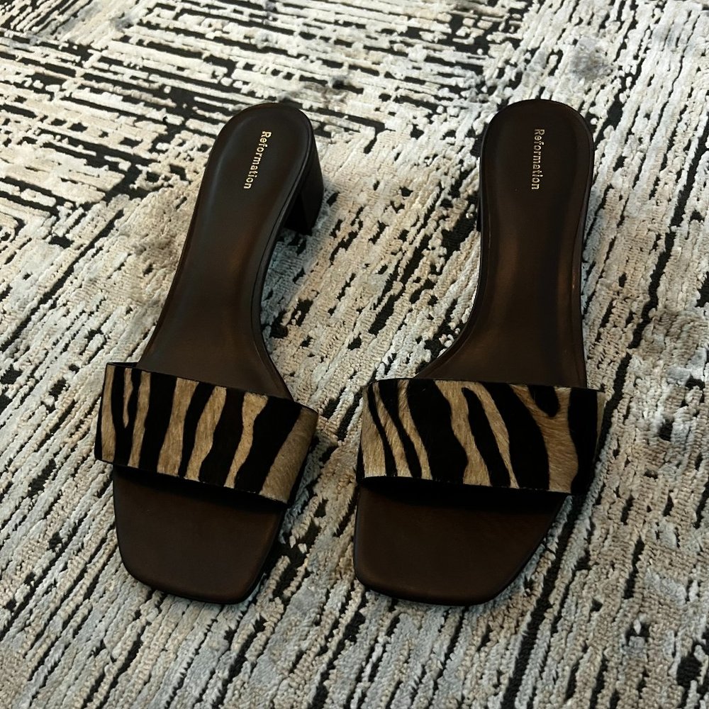 Reformation Zebra Print Black Tan Haircalf Slide Mules